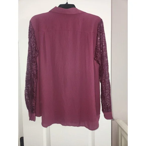 NWT-LOFT Burgundy Maroon Lace Long Sleeve Women Button Work Blouse Large - Picture 3 of 5